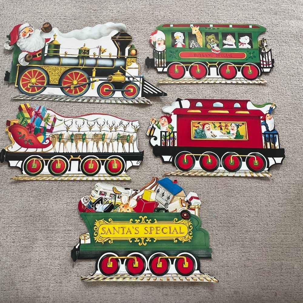 Vintage Carrington Christmas Train Die Cut Paper Decorations Set of 5 Santa Elf